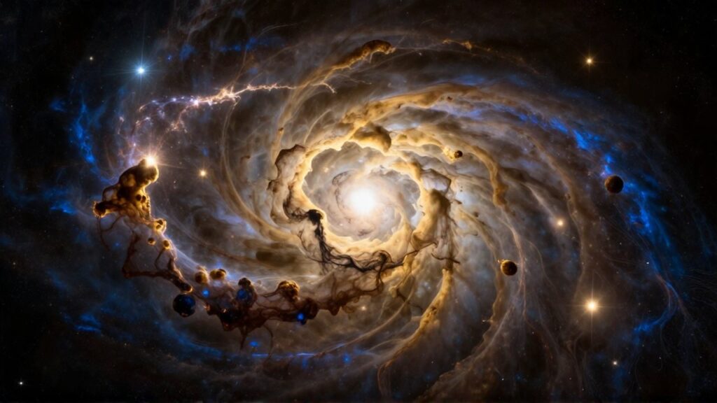 Nubes de gas hidrógeno y filamentos de materia oscura formando las primeras protogalaxias en el universo temprano.