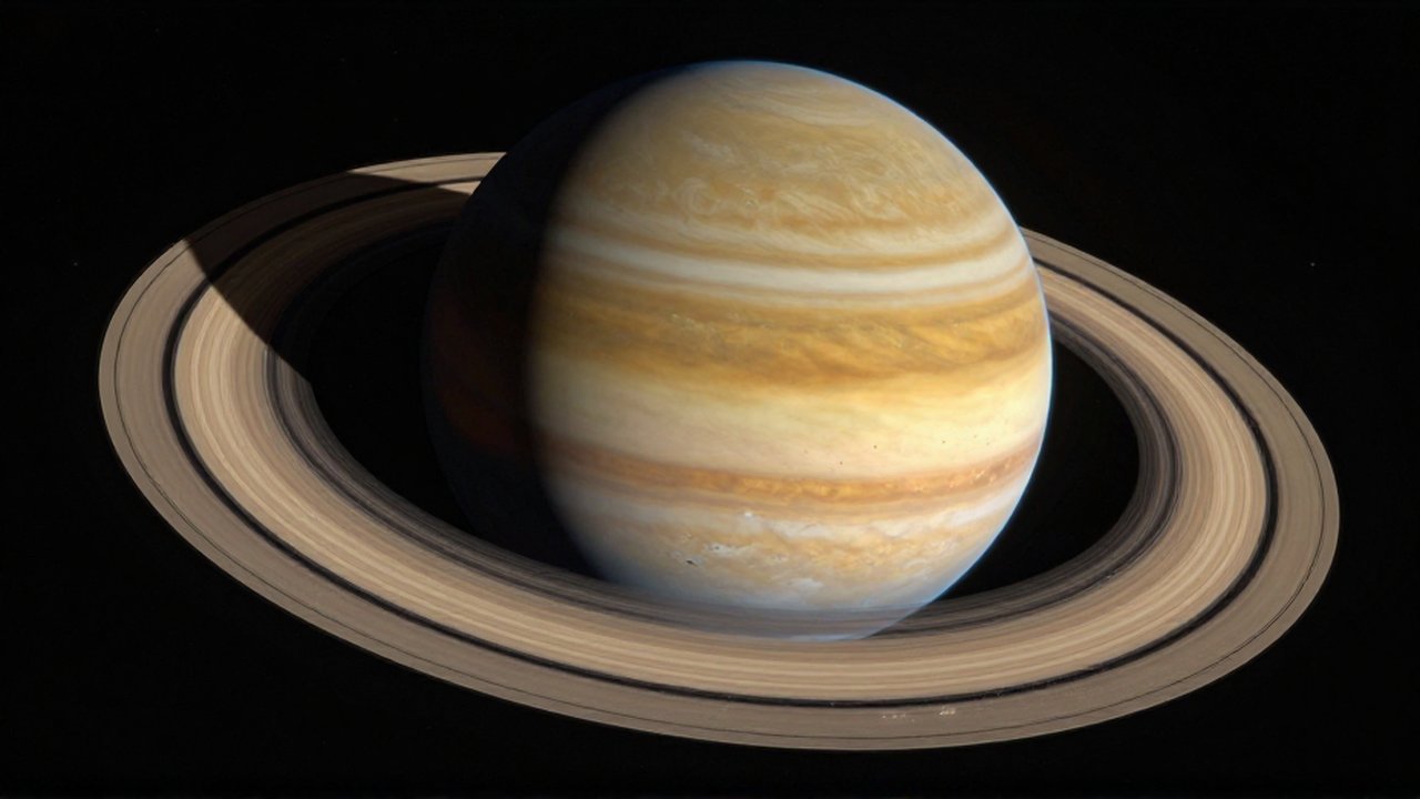 El planeta Saturno con sus bandas de gas doradas y un brillante sistema de anillos rodeado de estrellas.