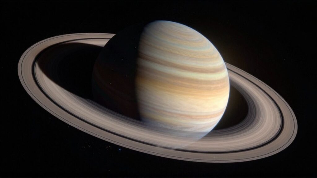 Saturno flotando en el espacio profundo con sus espectaculares anillos de hielo iluminados por el sol.