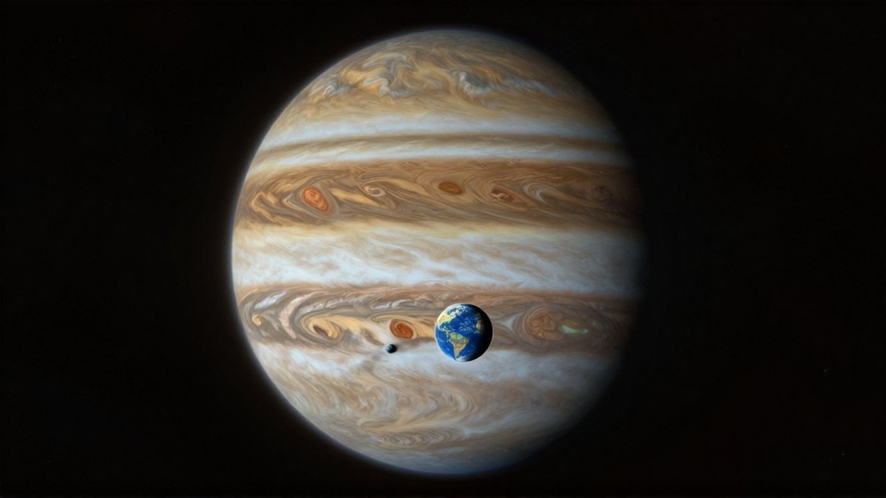 El gigante Júpiter con sus bandas de nubes frente al diminuto y luminoso planeta Tierra.
