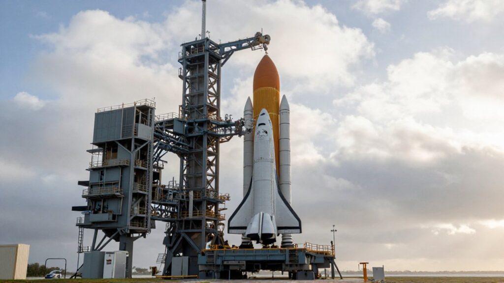 Cohete espacial gigante sobre la plataforma de lanzamiento en el Centro Espacial Kennedy bajo una mañana brumosa.