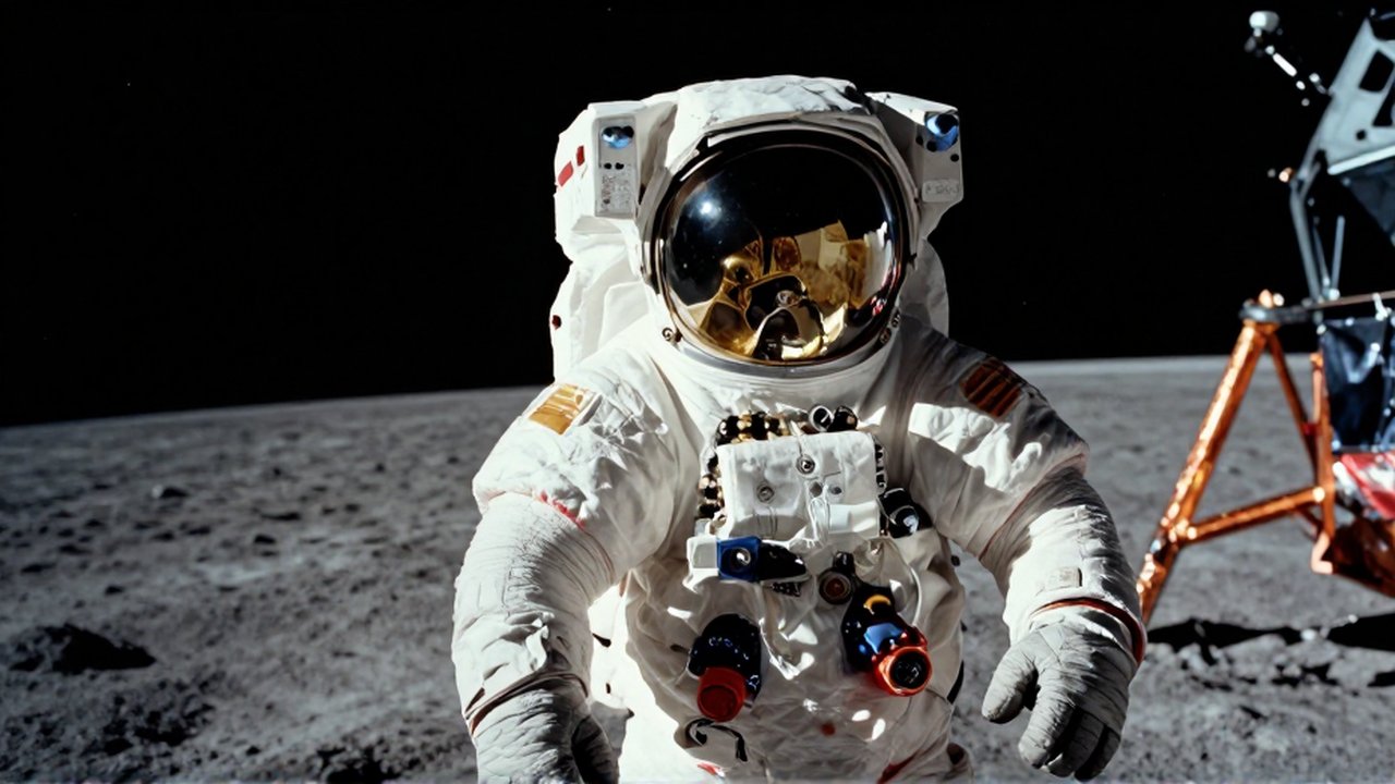 Primer plano del casco dorado de un astronauta del Apolo 11 reflejando el paisaje lunar.