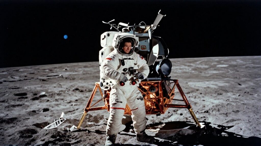 Neil Armstrong junto al módulo lunar Eagle sobre la superficie polvorienta de la Luna.