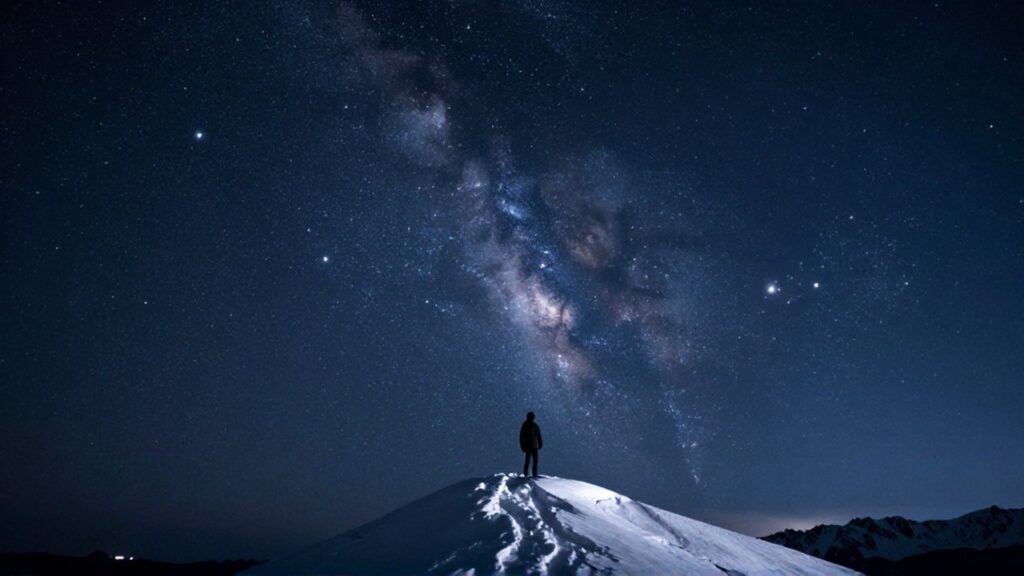 Persona contemplando la constelación de Orión bajo un cielo estrellado desde una cima nevada.