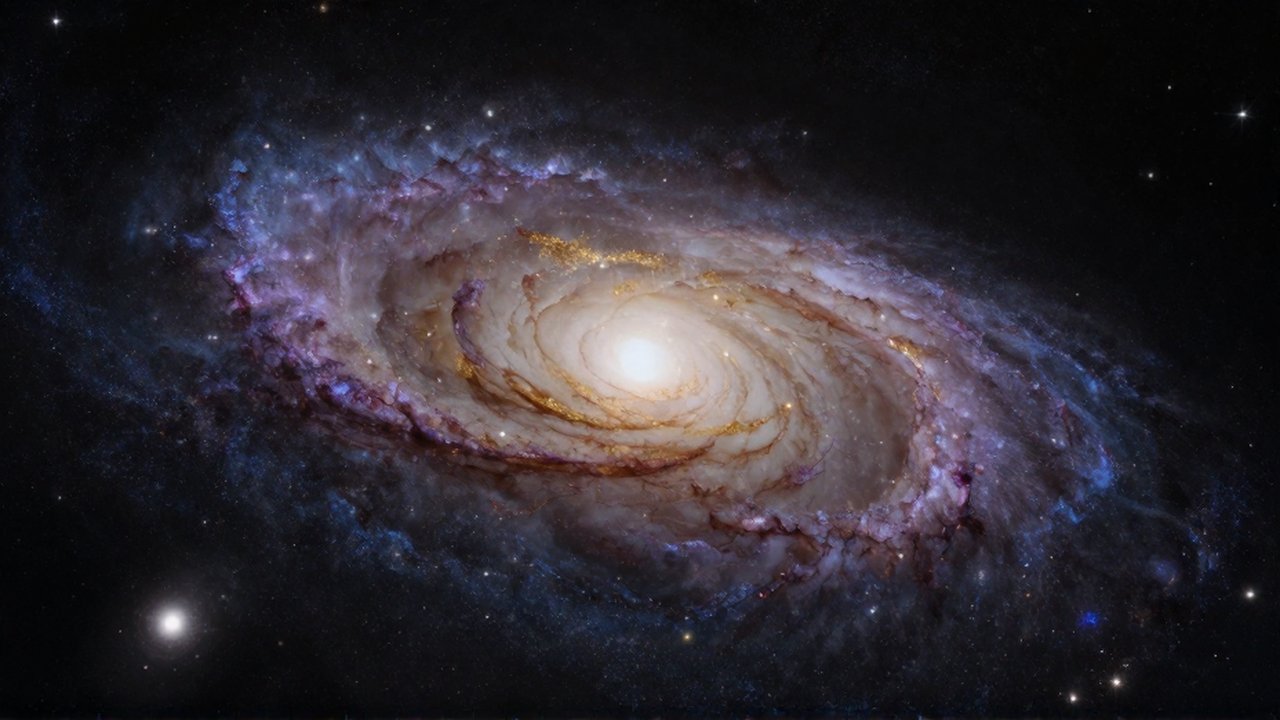Galaxia espiral majestuosa con núcleos brillantes y nubes de polvo cósmico en tonos violetas y dorados.