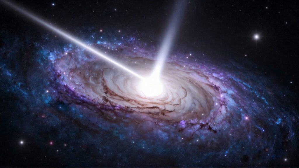 Una galaxia espiral iluminada por un intenso haz de luz blanca que recorre su disco estelar.