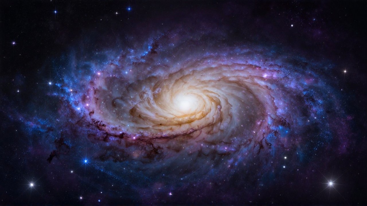 Galaxia espiral majestuosa con un núcleo dorado brillante y brazos de estrellas azules sobre un fondo violeta.