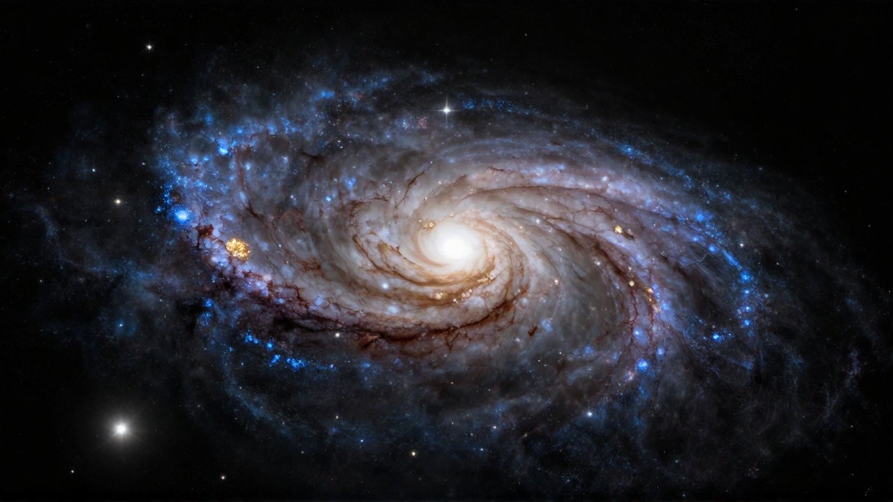Galaxia espiral luminosa con brazos de cúmulos azules y polvo cósmico sobre el vacío espacial.