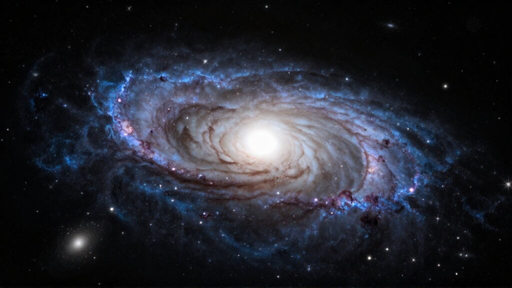Majestuosa galaxia espiral con brazos luminosos de color azul y blanco sobre un fondo cósmico estrellado.
