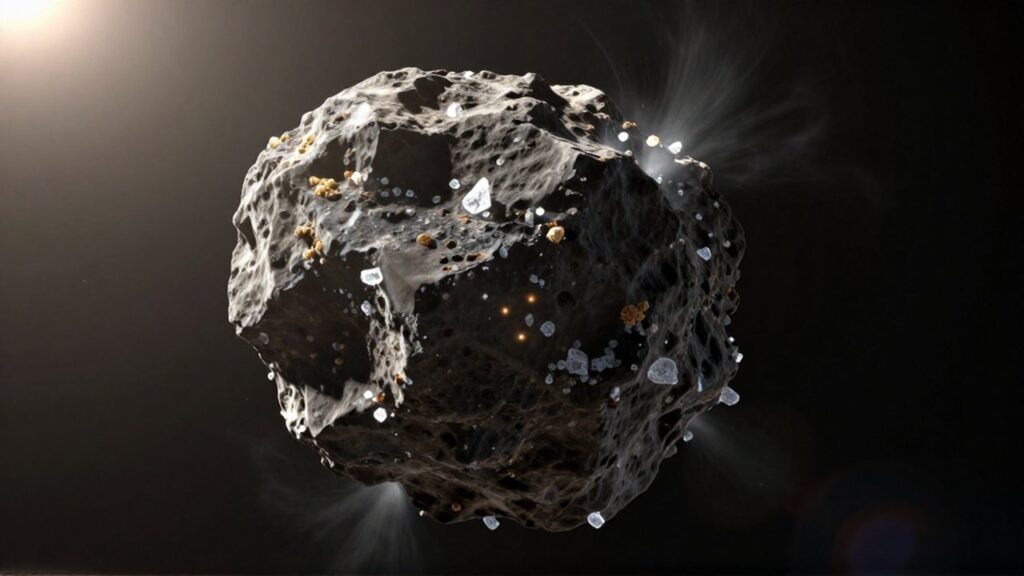 Primer plano detallado del núcleo irregular y rocoso de un cometa con fragmentos de hielo y gas.