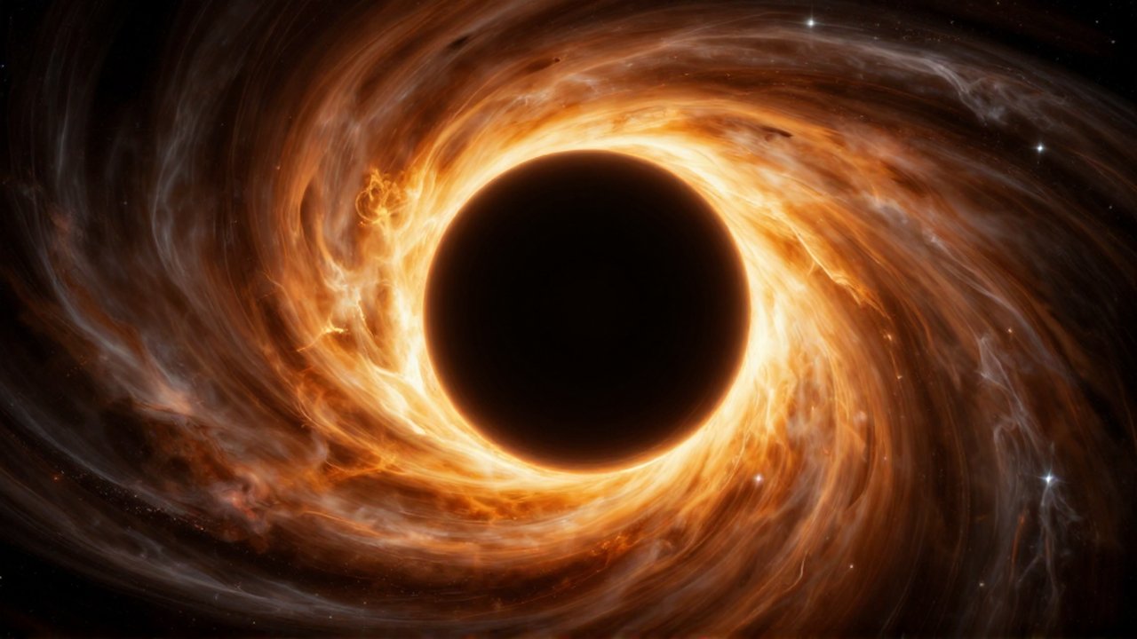 Agujero negro masivo rodeado por un disco de gas brillante y destellos de luz estelar.