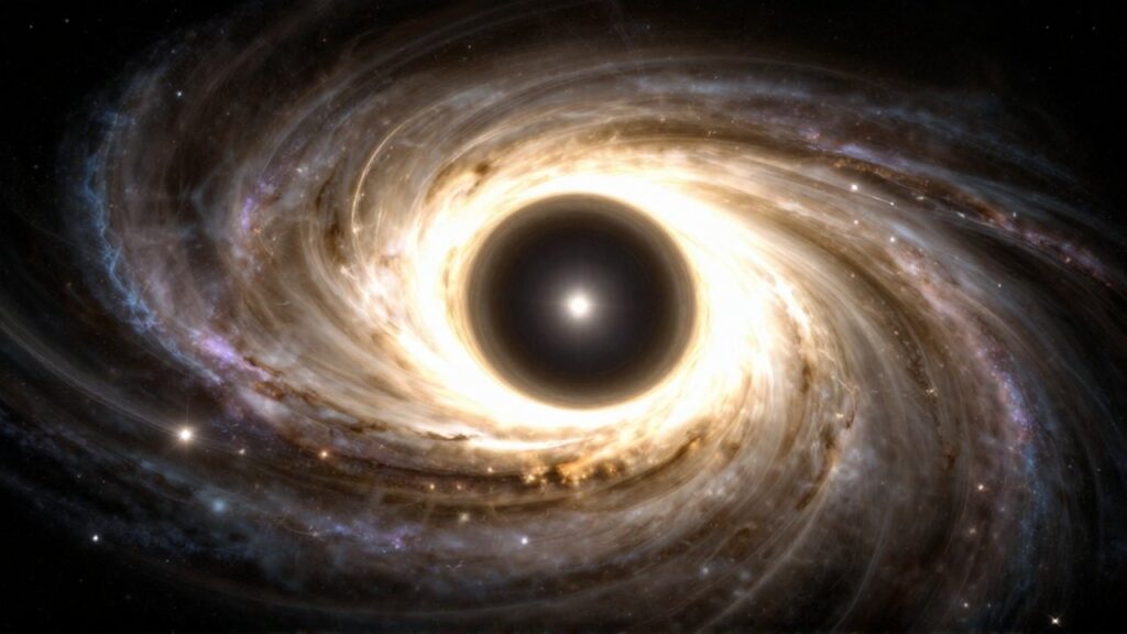 Agujero negro masivo con un brillante disco de acreción dorado rodeado de una nebulosa violeta.