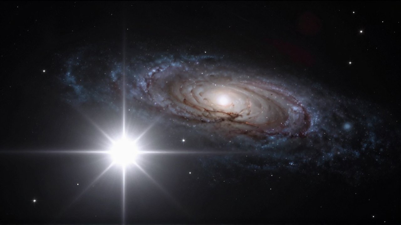 Una estrella blanca brillante destaca en primer plano frente a una galaxia espiral lejana en el espacio profundo.