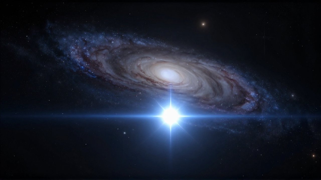 Estrella azul brillante que resplandece en el espacio profundo rodeada de galaxias lejanas y nebulosas.