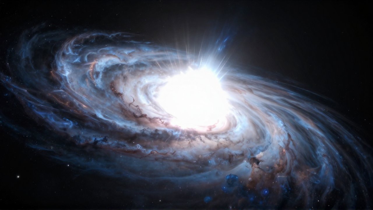 Colapso violento de una estrella moribunda con destellos de luz azul y blanca en el espacio.