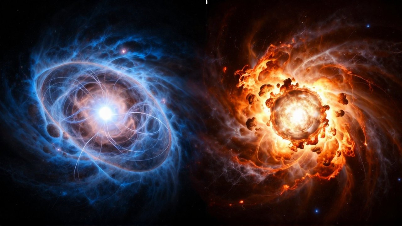 Comparación entre una estrella masiva explotando en una supernova y una estrella de neutrones brillante.