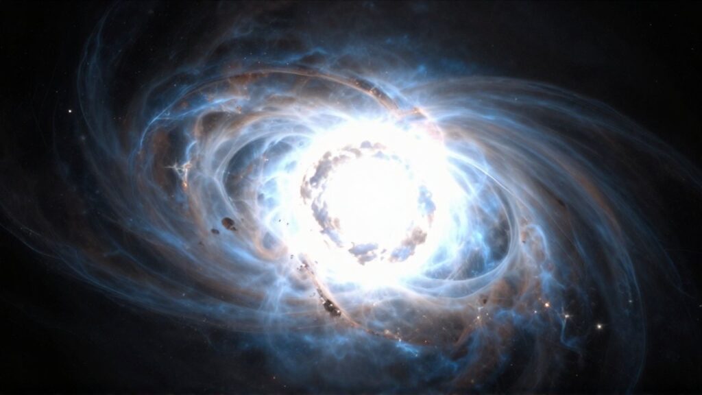 Explosión masiva de una supernova con un núcleo brillante rodeado de nubes de gas cósmico.