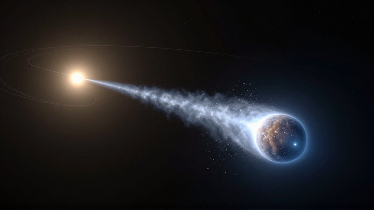 El cometa Halley atraviesa el espacio con una larga estela luminosa sobre un fondo de estrellas.