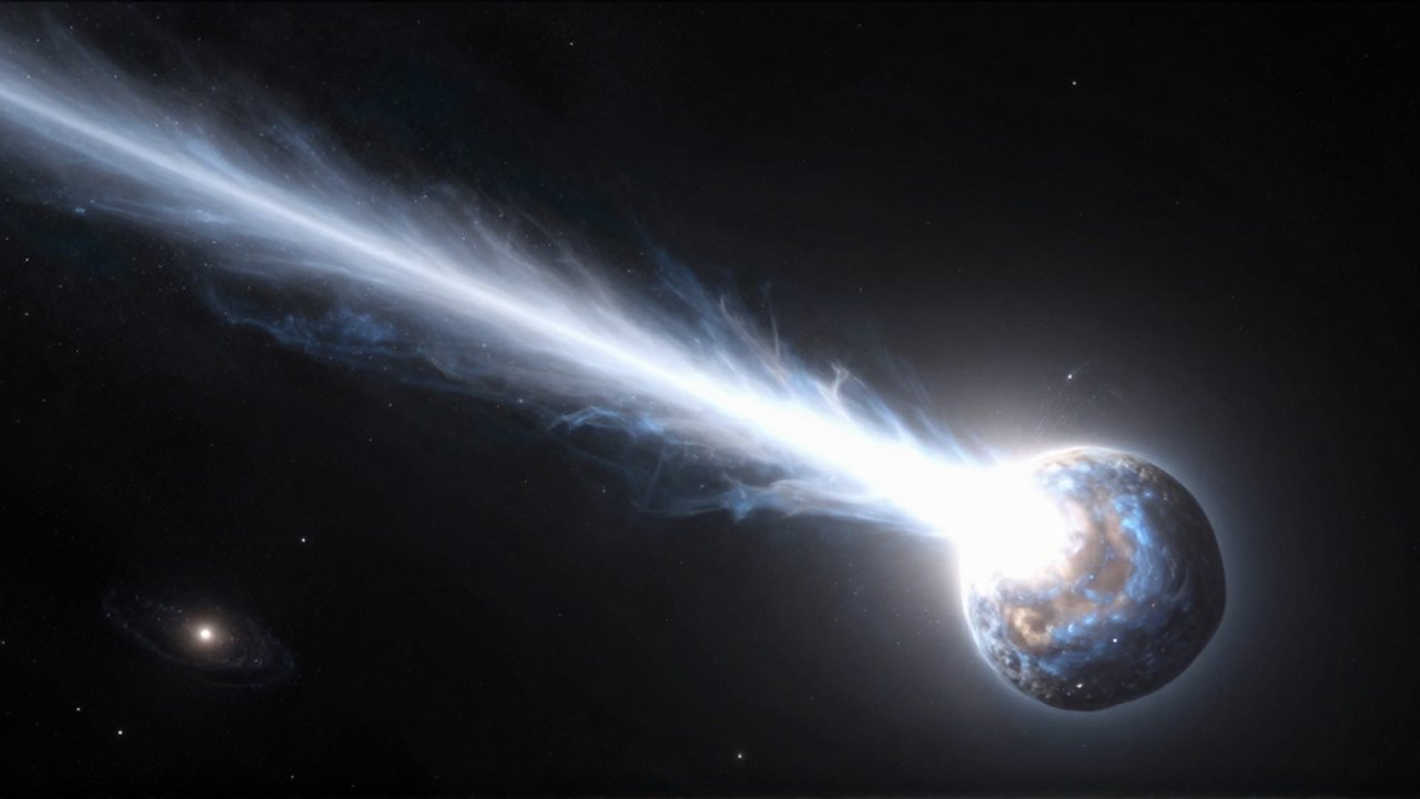 El cometa Halley cruza el espacio profundo con una brillante cola de polvo y gas luminosa.