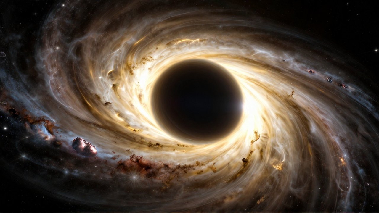 Agujero negro masivo con un disco de acreción dorado rodeado de luz distorsionada y nebulosas.
