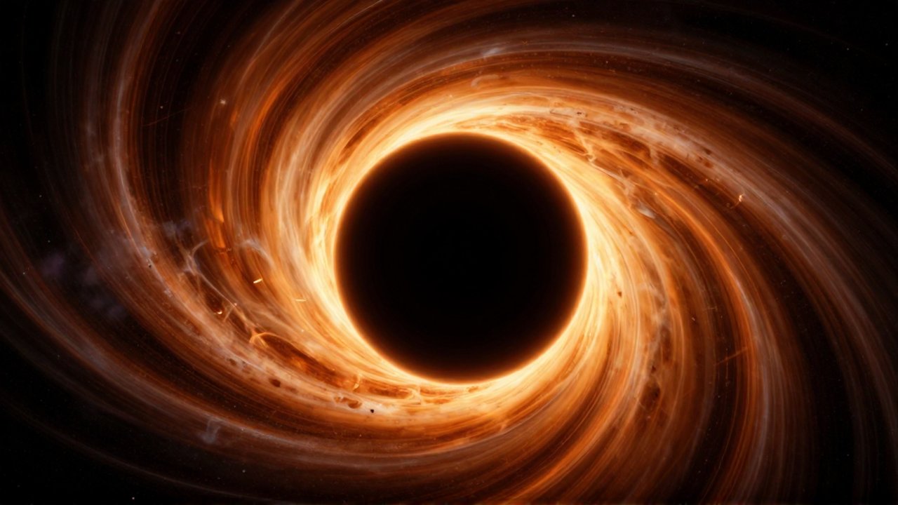 Agujero negro supermasivo con un disco de plasma dorado girando alrededor de su horizonte de sucesos.