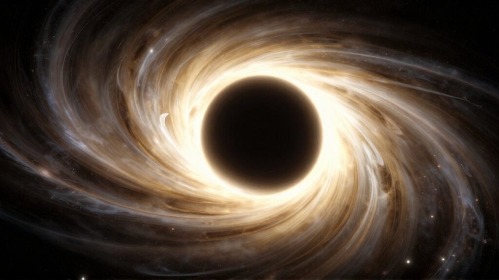 Agujero negro masivo rodeado por un disco de plasma dorado brillante en el espacio profundo.