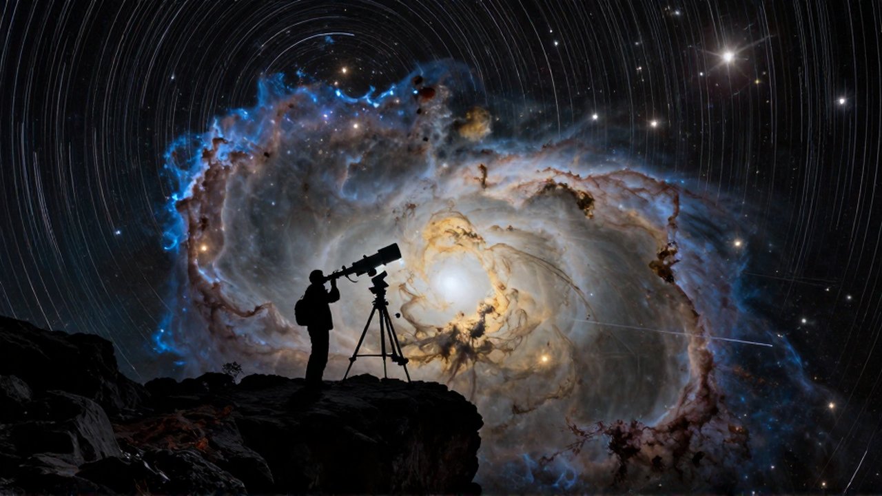 Silueta de un astrónomo frente a un telescopio observando una nebulosa vibrante entre estelas de luz cósmica.