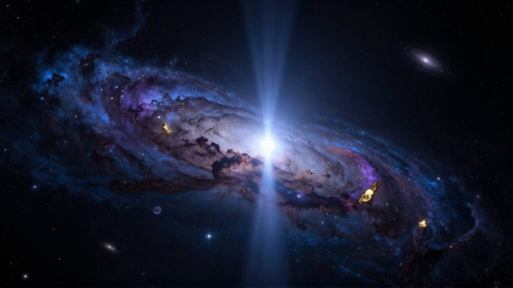 Un rayo brillante de luz estelar atraviesa nebulosas y polvo cósmico en el vacío del espacio.