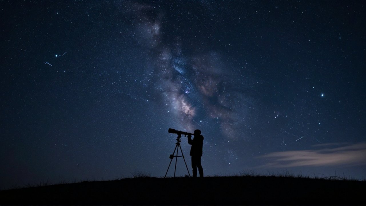Silueta de un astrónomo con un telescopio observando un cielo nocturno lleno de estrellas y nebulosas.