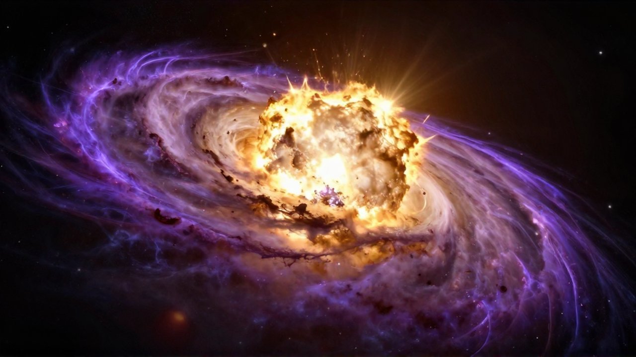 Explosión masiva de una estrella supergigante azul liberando ondas de choque y plasma brillante en el espacio profundo.