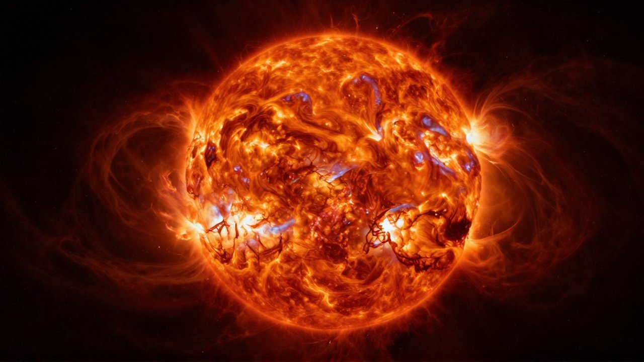 Gigantesca estrella roja con capas de plasma turbulento y llamaradas solares en el espacio profundo.