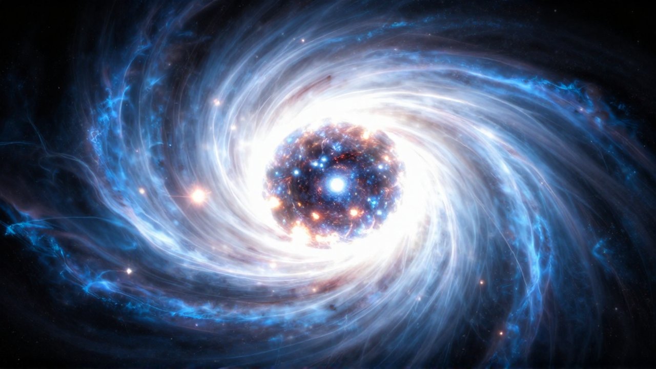 Estrella supergigante azul con capas concéntricas brillantes y llamaradas solares en el espacio profundo.