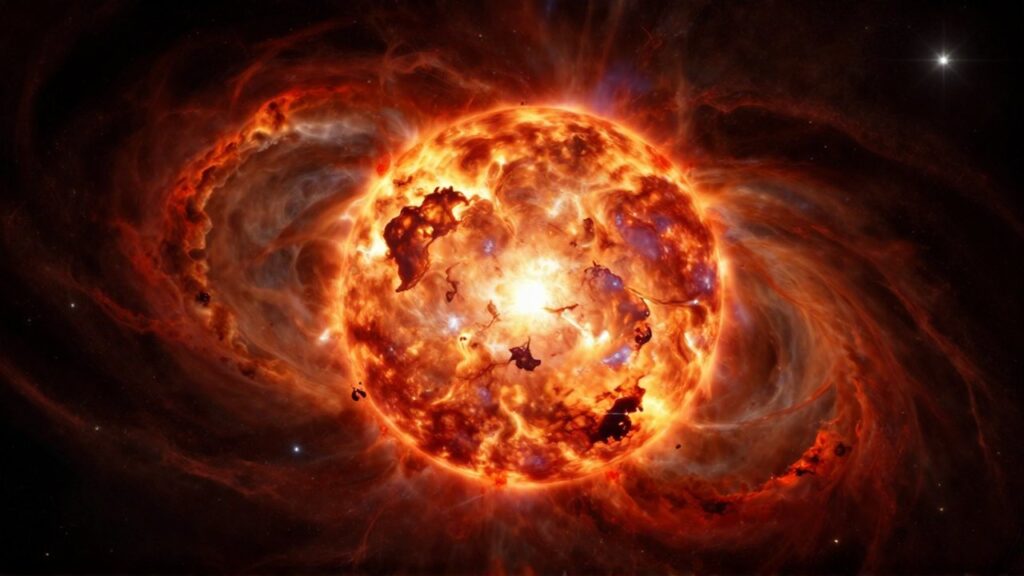 Estrella masiva en transición a supergigante roja con capas de plasma naranja y nubes de gas circundantes.