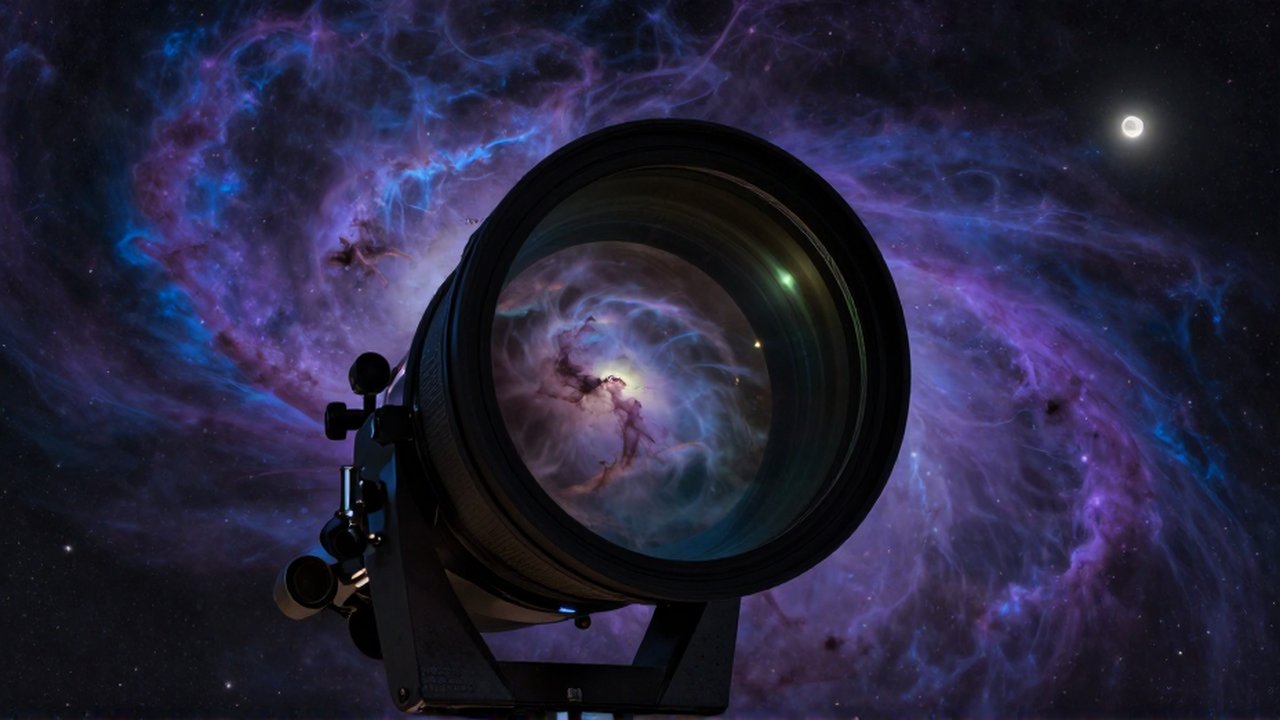 Primer plano del lente de un telescopio profesional que refleja una nebulosa bajo un cielo estrellado.
