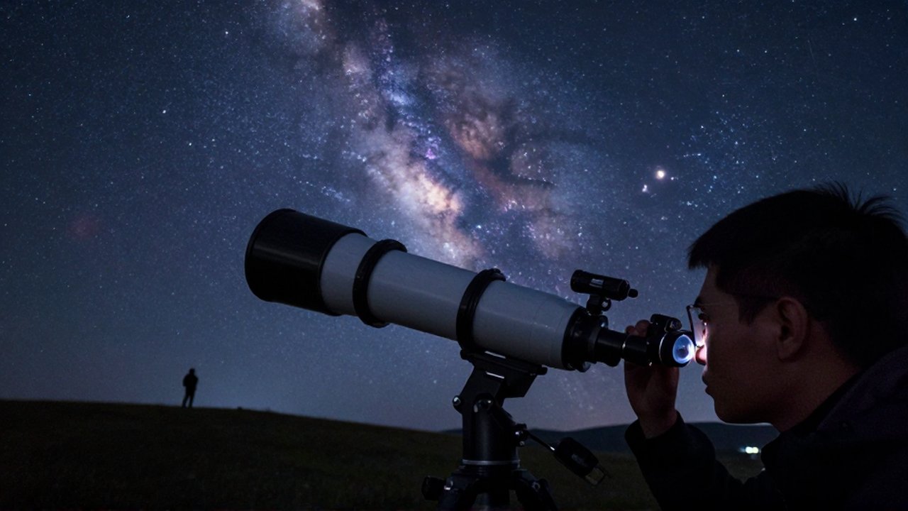 Astrónomo observando una nebulosa a través de un telescopio bajo un cielo estrellado.