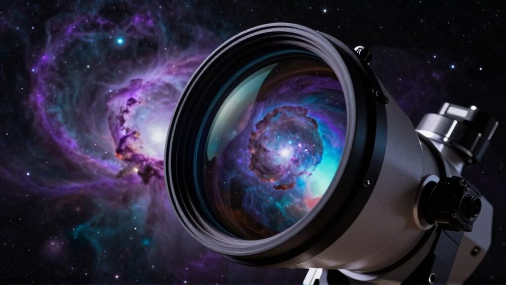 Primer plano del lente de un telescopio astronómico que refleja una nebulosa de colores violeta y cian.