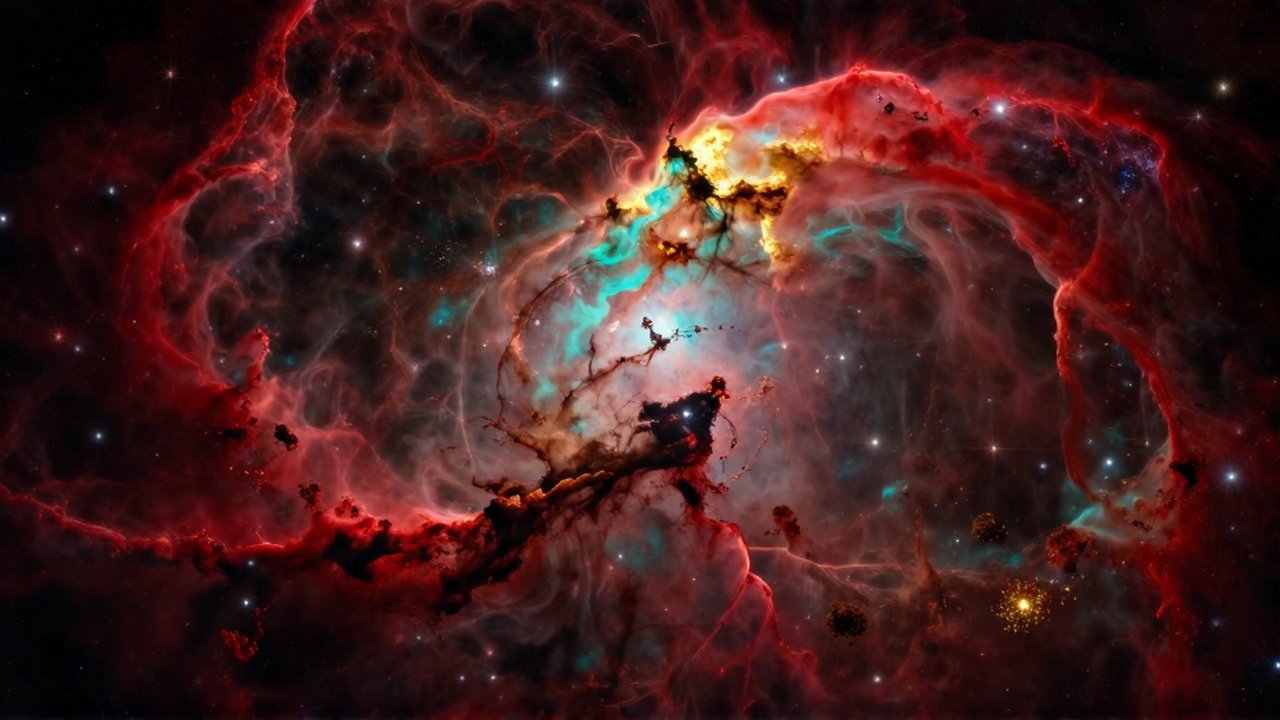 Vasta nebulosa con nubes de gas en tonos carmesí, turquesa y dorado entre estrellas distantes.