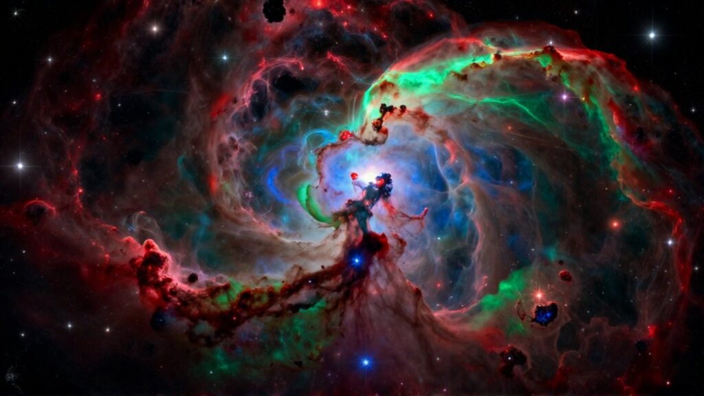 Vasta nebulosa con nubes de gas en tonos carmesí