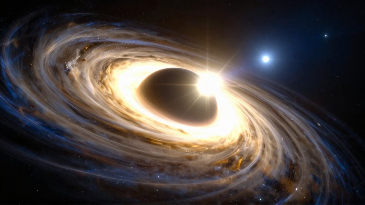 Agujero negro supermasivo con un disco de acreción brillante devorando una estrella entre nubes de gas cósmico.