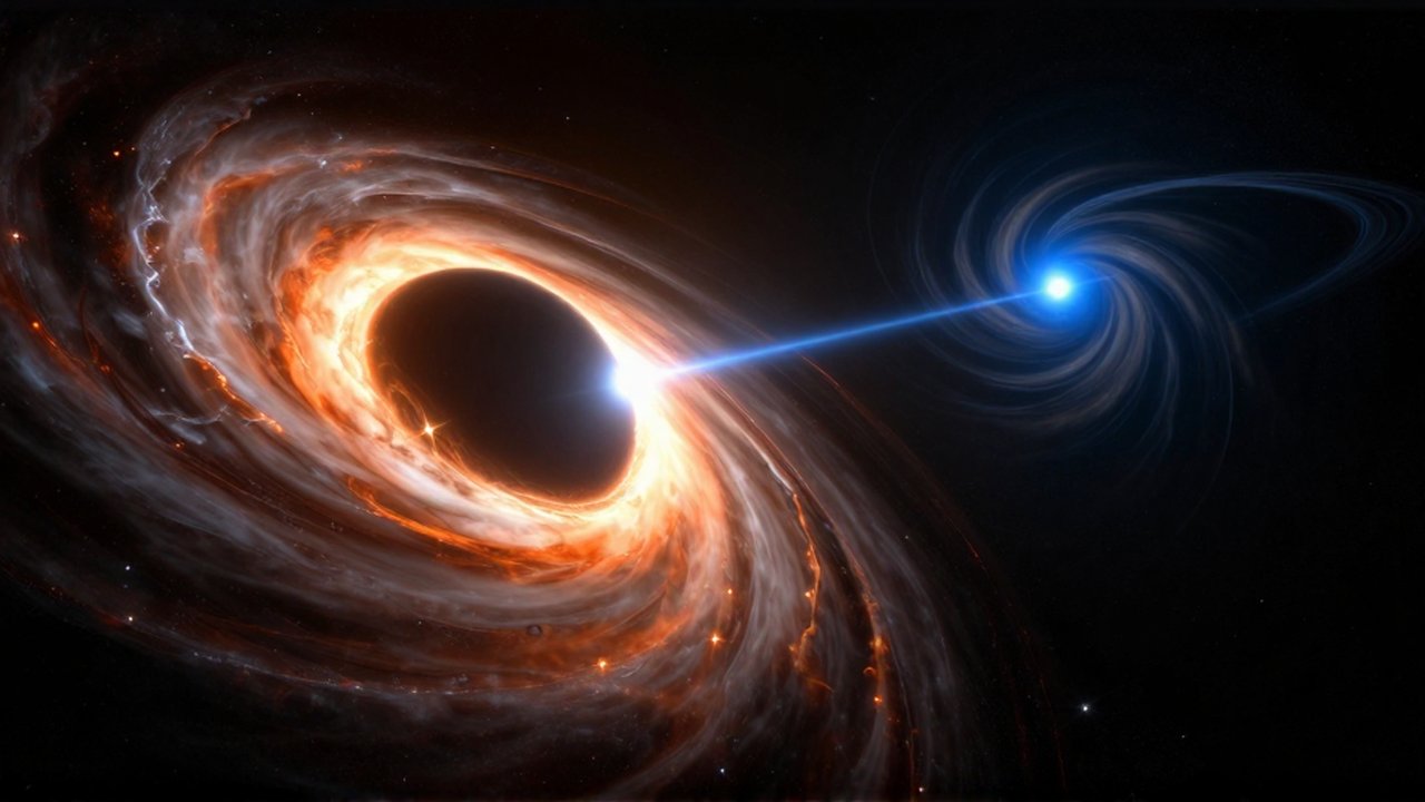 Agujero negro masivo con un disco de plasma brillante mientras una estrella azul es succionada hacia su centro.