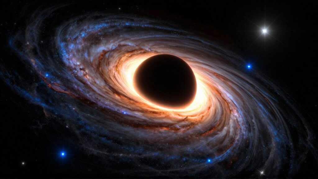 Agujero negro supermasivo con un disco de gas dorado y estrellas azules orbitando en su centro.