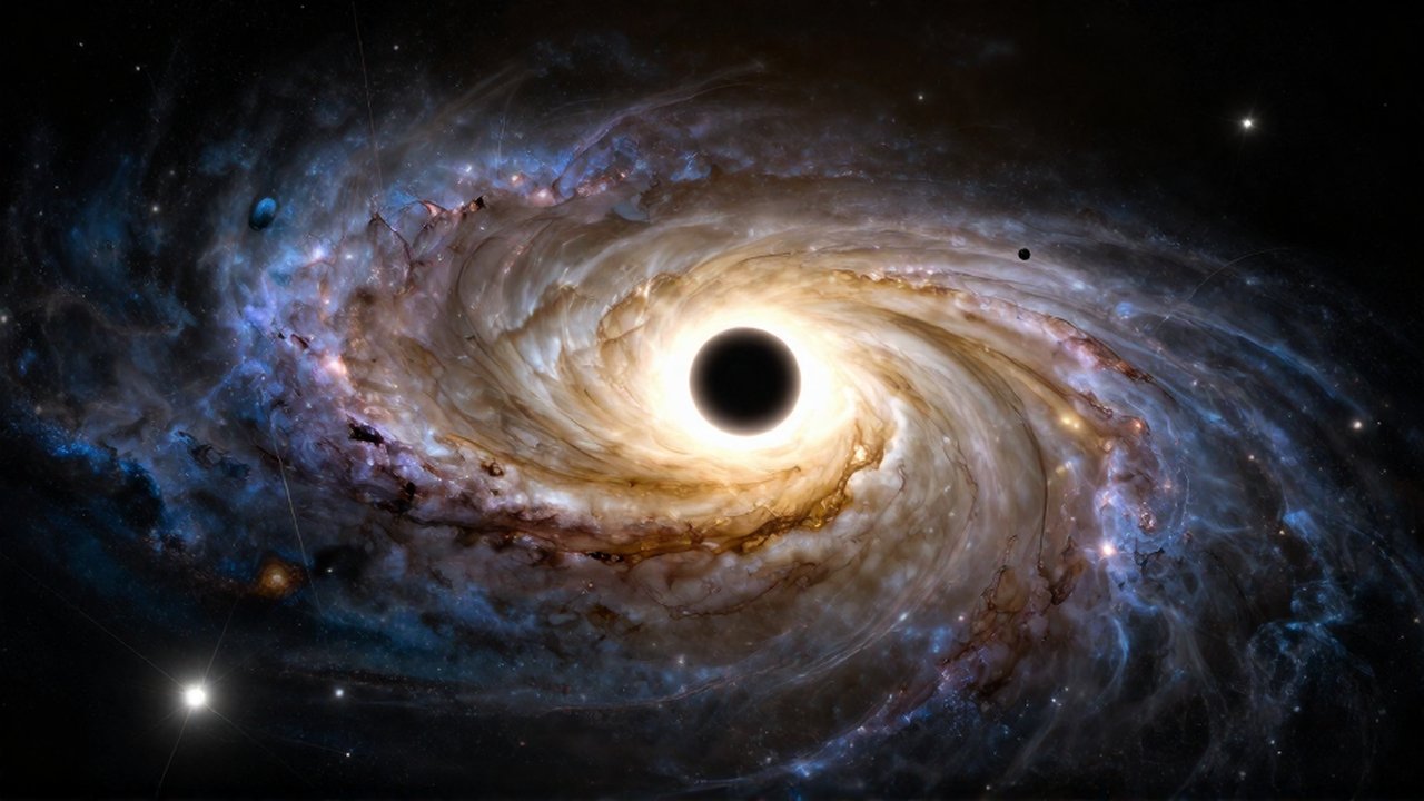 Colisión de dos galaxias espirales con un brillante núcleo central y estelas de estrellas.