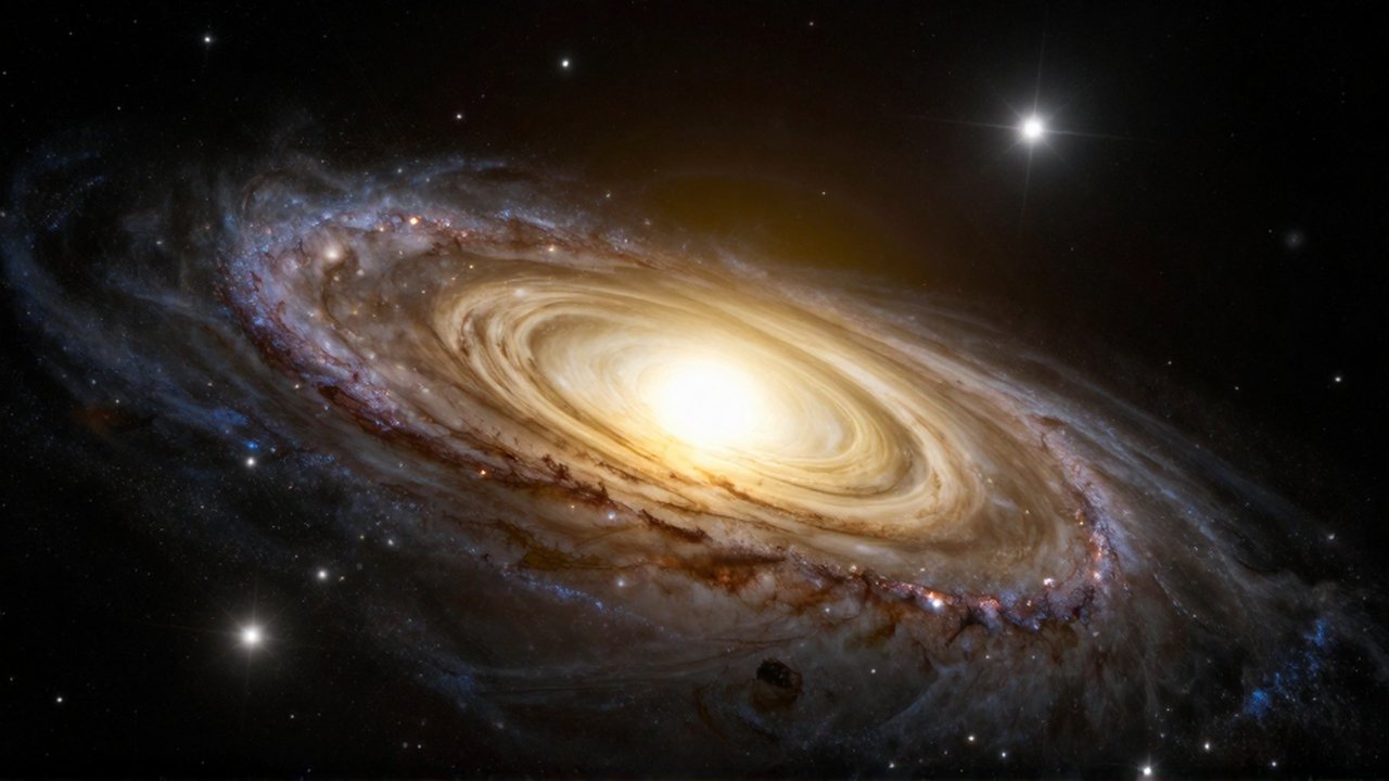 Agujero negro supermasivo con un brillante disco de acreción dorado rodeado de estrellas y nebulosas.