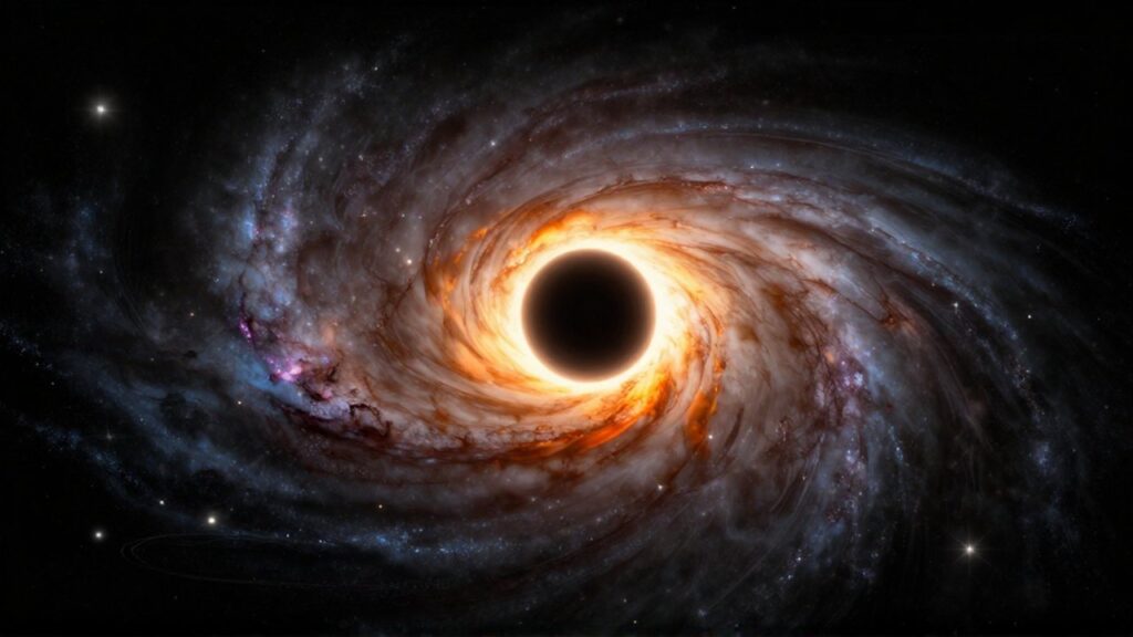 Agujero negro supermasivo con un disco de acreción brillante rodeado de polvo y estrellas en una galaxia espiral.