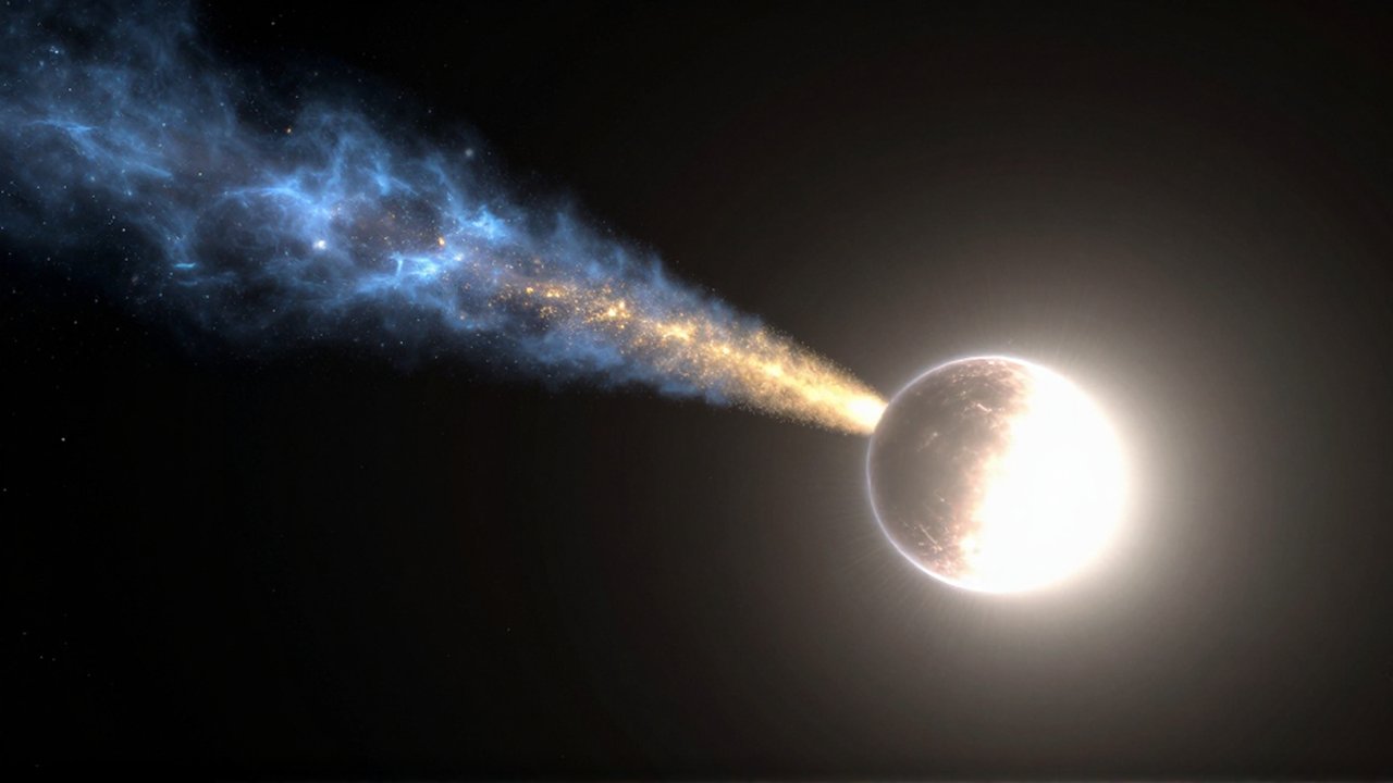 Cometa con un núcleo brillante y dos colas, una azul de gas y otra dorada de polvo, cruzando el espacio profundo.