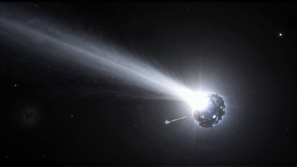 Cometa brillante con dos estelas de gas y polvo atravesando el espacio profundo entre estrellas.