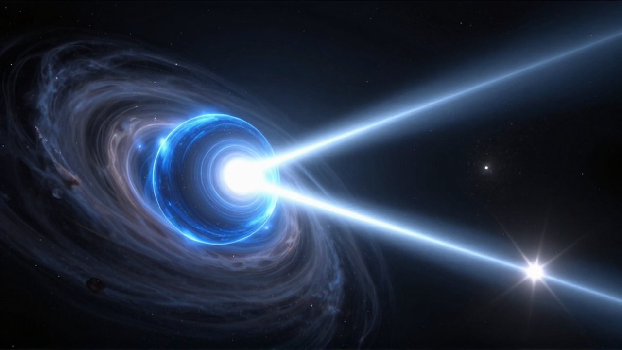 Púlsar de neutrones emitiendo dos potentes haces de luz azul que atraviesan el espacio profundo.