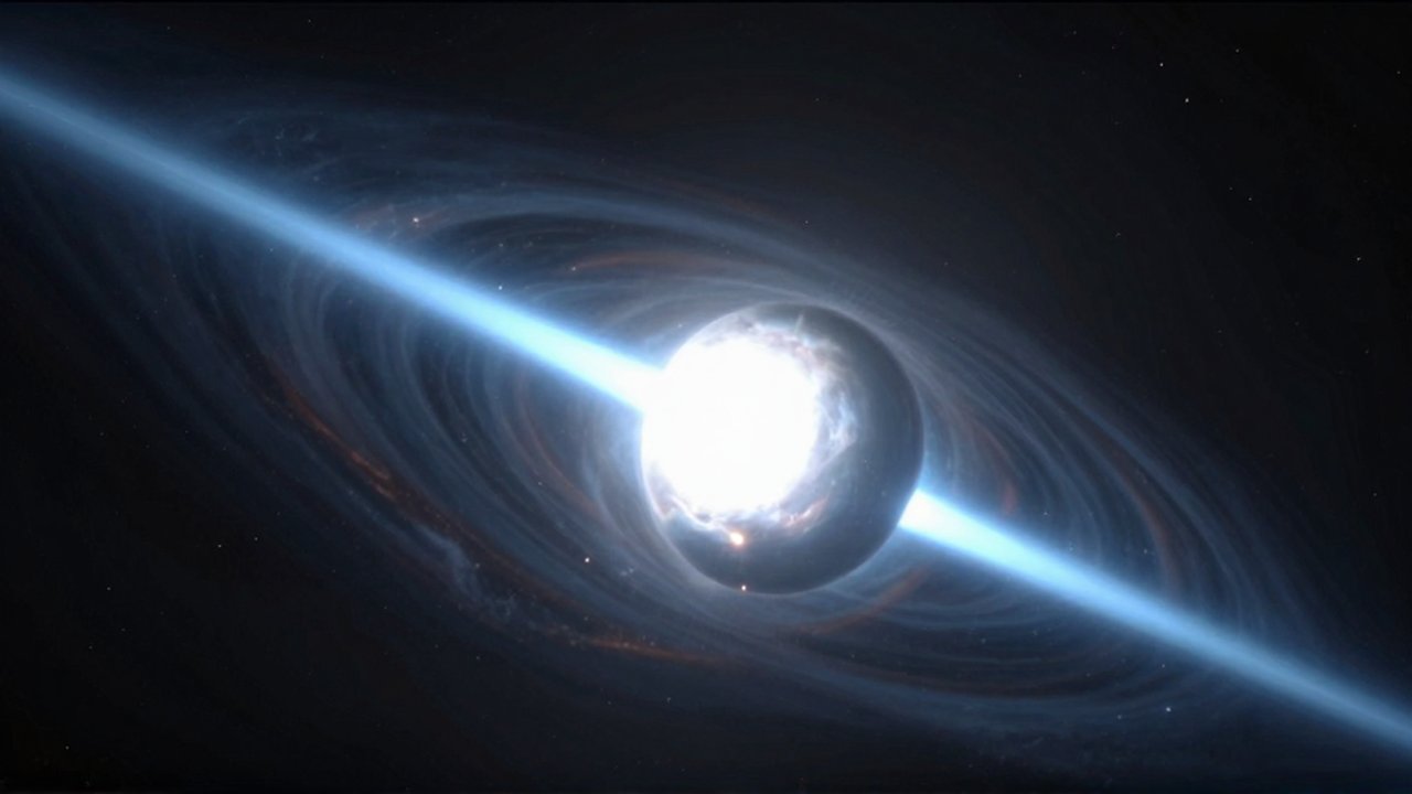 Púlsar giratorio en el espacio profundo emitiendo intensos haces de luz azul desde sus polos.
