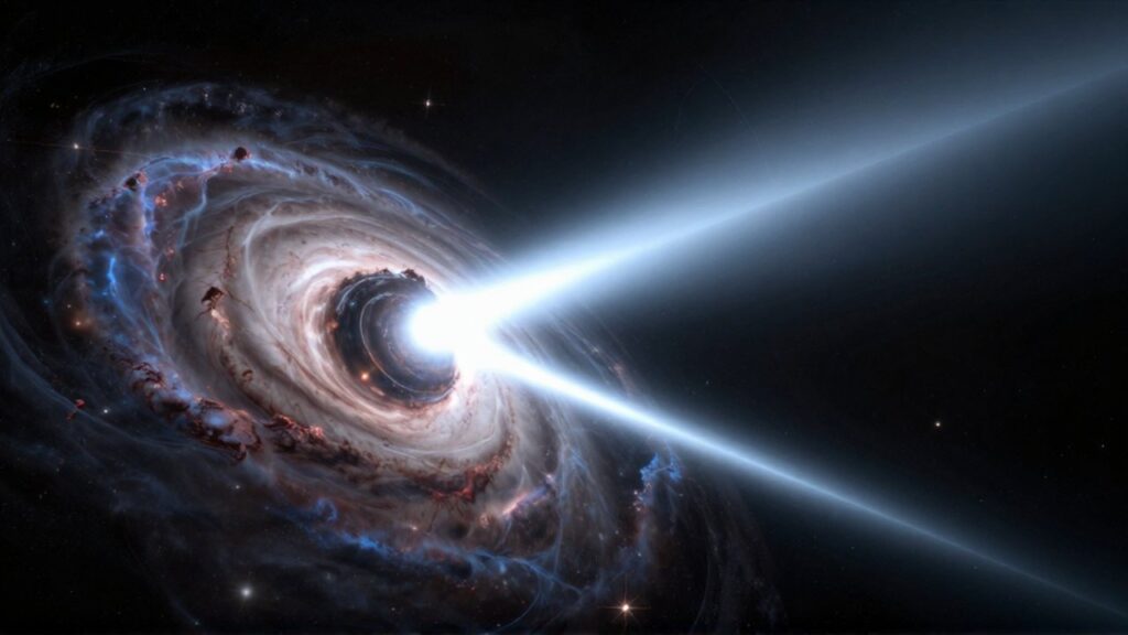 Púlsar giratorio emite dos intensos haces de luz azulada rodeado de nebulosas en el espacio profundo.