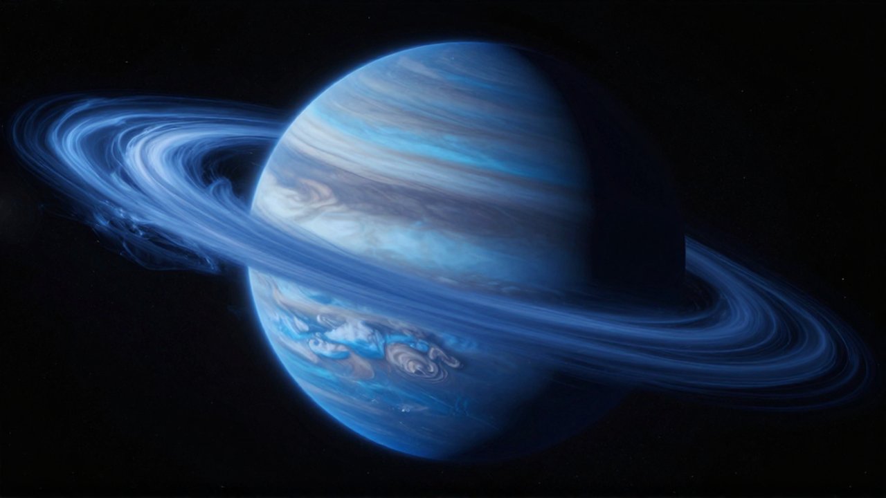 Planeta Neptuno con sus tormentas atmosféricas y vetas de nubes blancas sobre un fondo de estrellas.